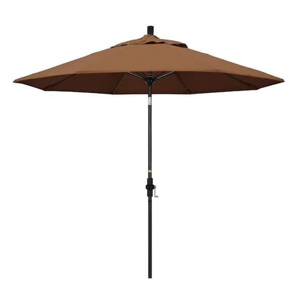 California Umbrella 9 ft. Matted Black Aluminum Market Patio Umbrella with Fiberglass Ribs Collar Tilt Crank Lift in Teak Sunbrella