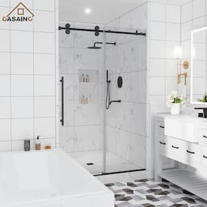 48 in. W x 76 in. H Sliding Frameless Shower Door in Matte Black with Clear Glass