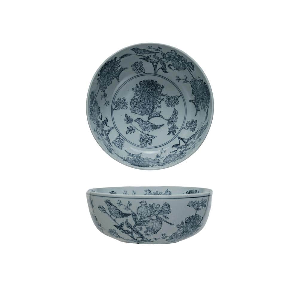 10 in. 105 fl. oz. Blue & White Aviary Garden Stoneware Stoneware Serving Bowl