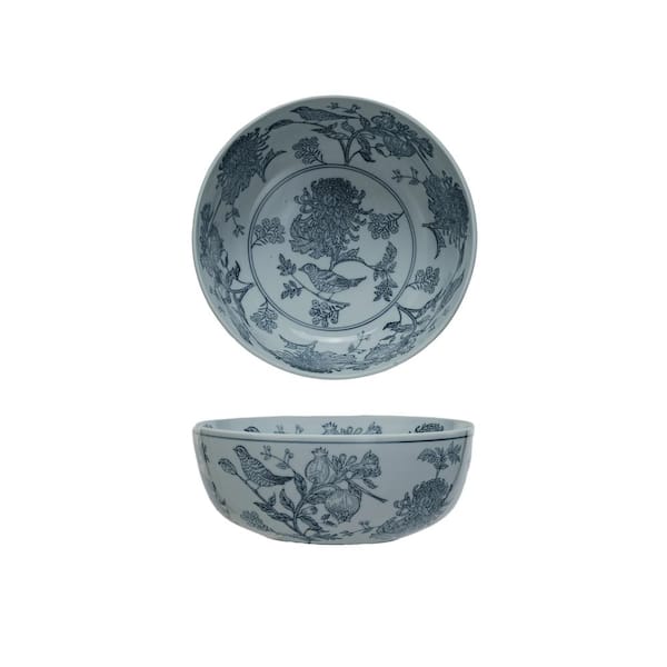 Storied Home 10 in. 105 fl. oz. Blue & White Aviary Garden Stoneware Stoneware Serving Bowl
