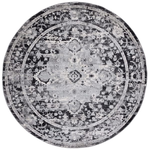 SAFAVIEH Madison Black/Grey 7 ft. x 7 ft. Border Floral Geometric Medallion Round Area Rug