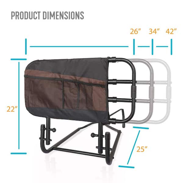 26 in. to 42 in. EZ Adjustable Bed Rail with Swing-down Safety Railing and Pouch, in Black