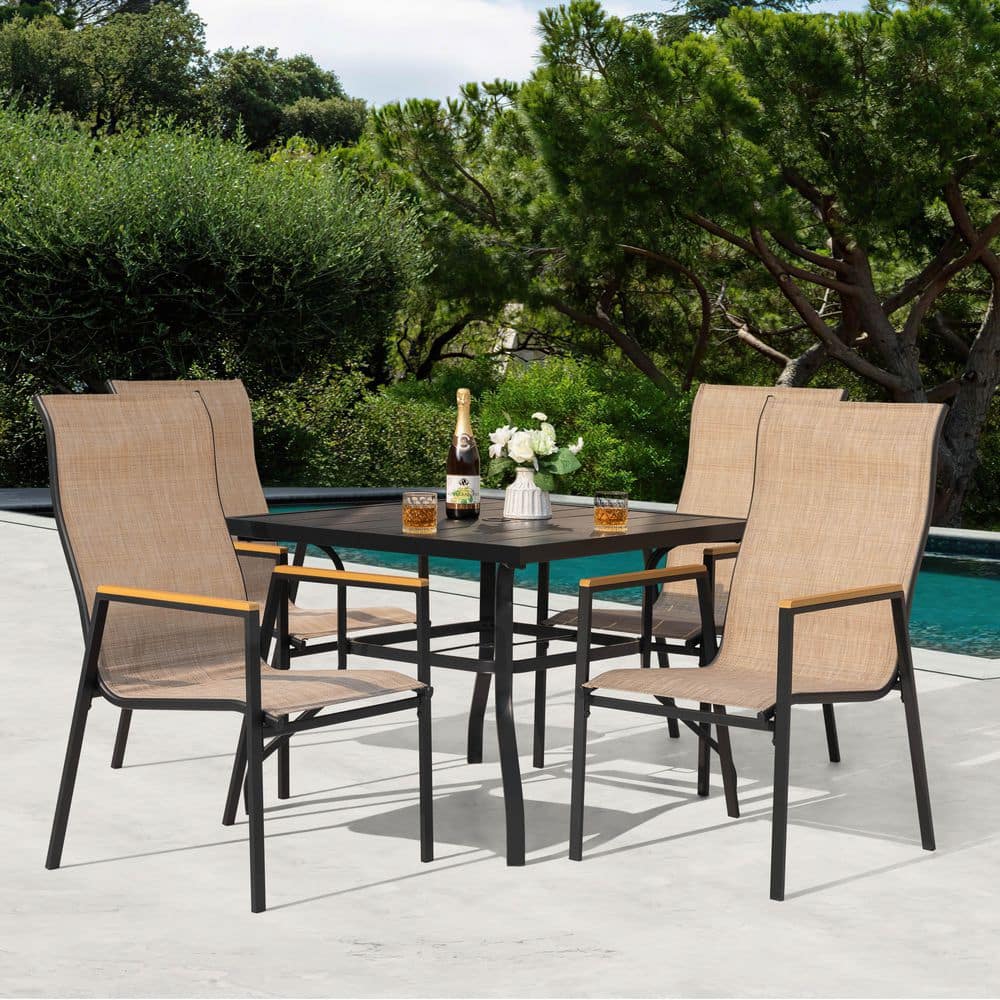 Nuu Garden Black 5-Piece Textilene and Faux Wood Square Outdoor