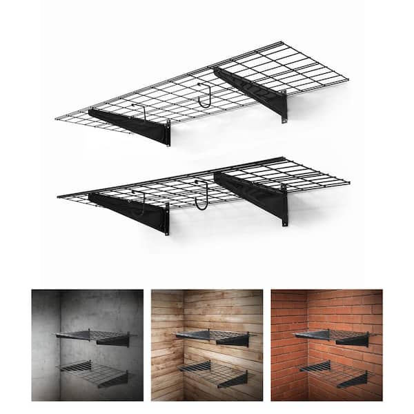 48 in. W x 18 in. D Black Metal Garage Wall Shelf, Wall Mounted Garage Shelves with 2 Bike Hooks, (Pack of 2)