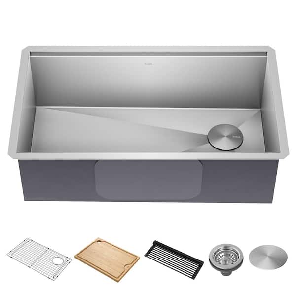 KRAUS Kore 32 in. Undermount Single Bowl 16 Gauge Stainless Steel Kitchen Workstation Sink with Accessories