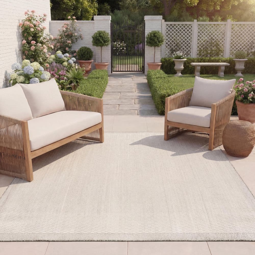 Beach House 9 ft. x 12 ft. Ivory/Light Gray Geometric Border Indoor/Outdoor Area Rug price history on PriceWatchPro