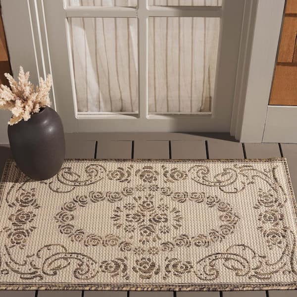 Courtyard Natural/Brown Doormat 2 ft. x 4 ft. Floral Indoor/Outdoor Patio Area Rug
