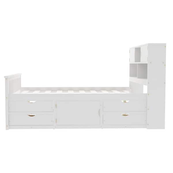 Kara White Wood Frame Full Size Captain Platform Bed with Storage Headboard, Bookcases, Shelves, 4-Drawers, Footboard