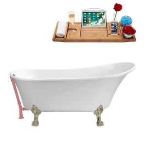55 in. x 26.8 in. Acrylic Clawfoot Soaking Bathtub in Glossy White, Brushed Nickel Clawfeet, Matte Pink Drain