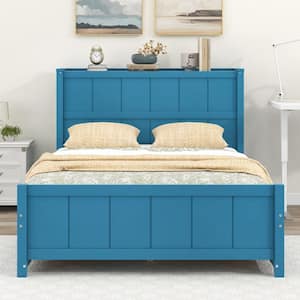 Blue Wood Frame Full Size Platform Bed with Drawers and Storage Shelves