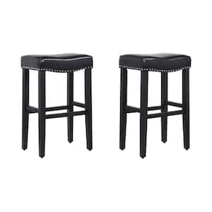 Jameson 29 in. Bar Height Black Wood Backless Barstool with Upholstered Black Faux Leather Saddle Seat Stool (Set of 2)