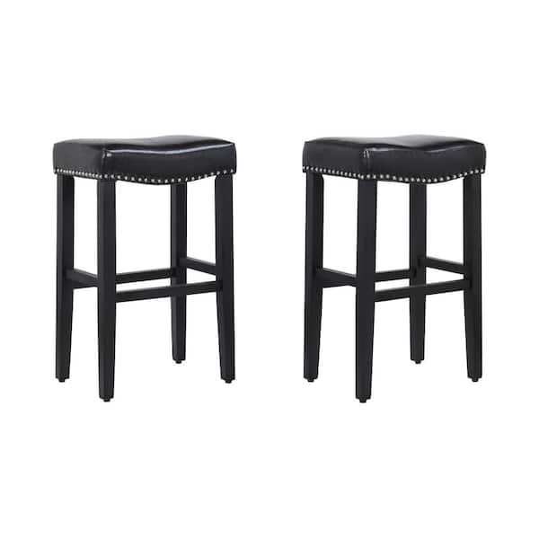 WESTINFURNITURE Jameson 29 in. Bar Height Black Wood Backless Barstool with Upholstered Black Faux Leather Saddle Seat Stool (Set of 2)