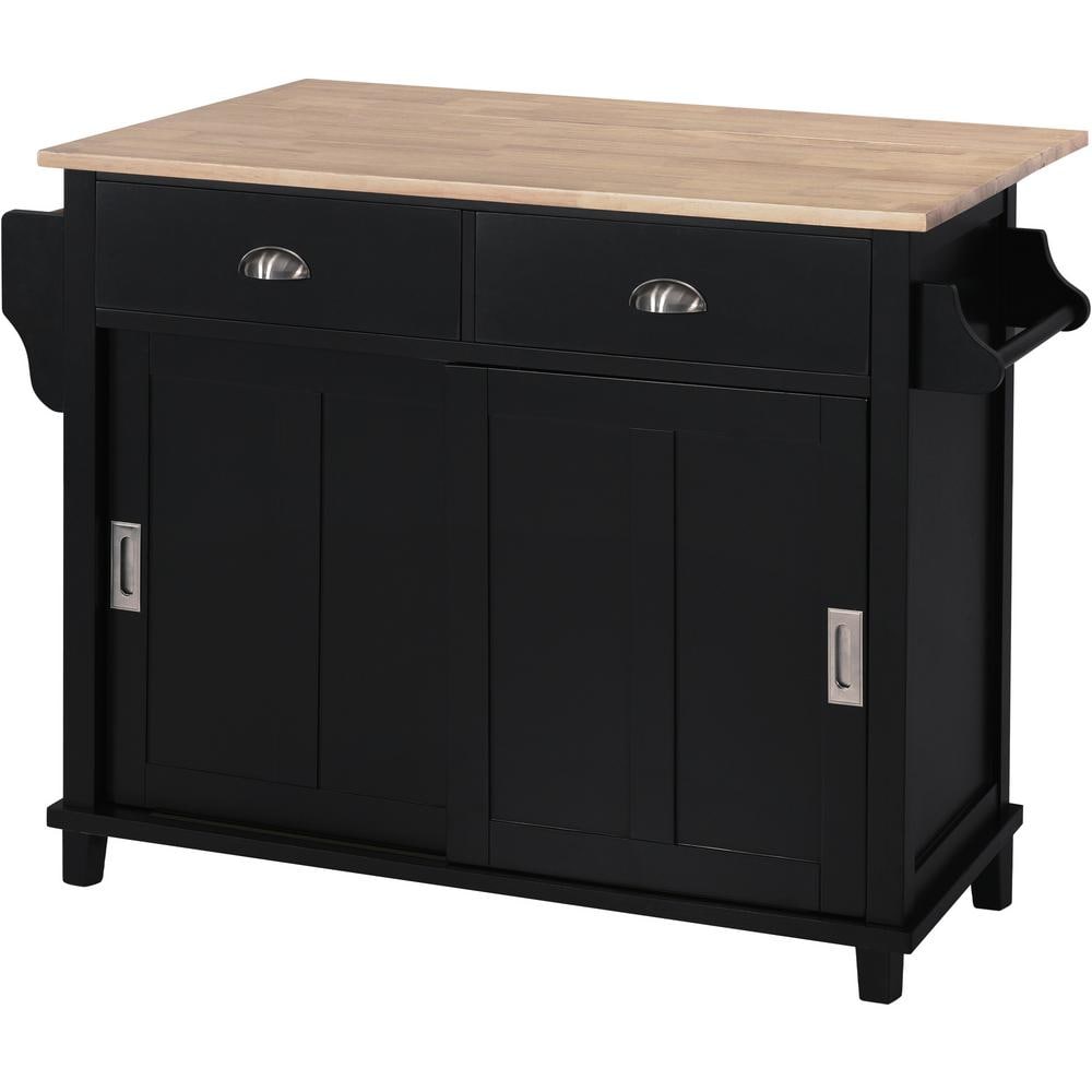 Black Wood 52.2 in. Kitchen Island with Storage Cabinet and 2-Drawers ...