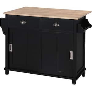 Black Wood 52.2 in. Kitchen Island with Storage Cabinet and 2-Drawers