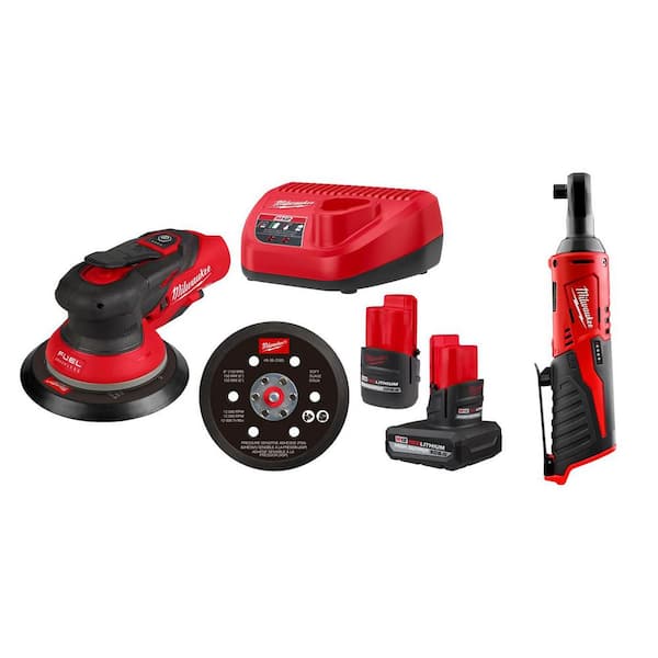 M12 FUEL 12-Volt Li-Ion Brushless Cordless 6 in. Random Orbital Sander Kit (3/32 in) w5. 0Ah, 2. 5Ah Batteries, &Ratchet