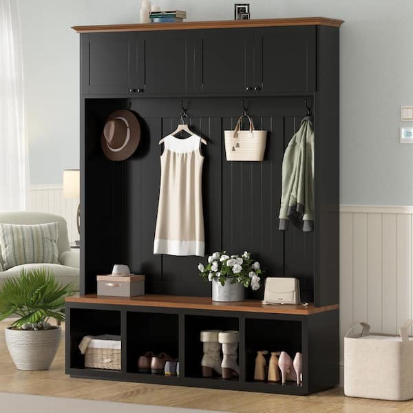 Qyro Farmhouse Black MDF Wood Entryway Hall Tree with Bench, Cabinets, Coat Racks and Hooks
