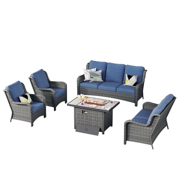 Joyoung Gray 5-Piece Wicker Patio Rectangle Fire Pit Conversation Seating Set with Denim Blue Cushions