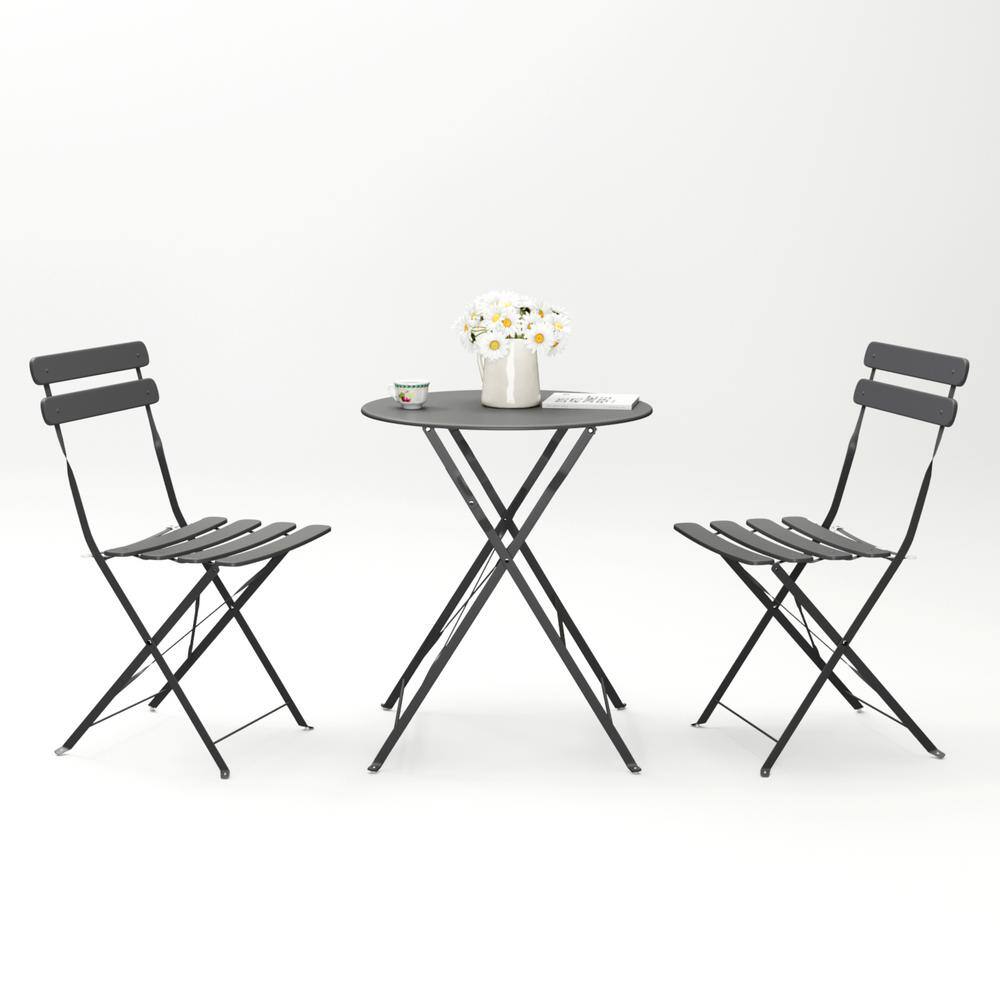 Gray 3-Piece Metal Patio Balcony Chair Table Set Outdoor Bistro Set with White Cushions price history on PriceWatchPro