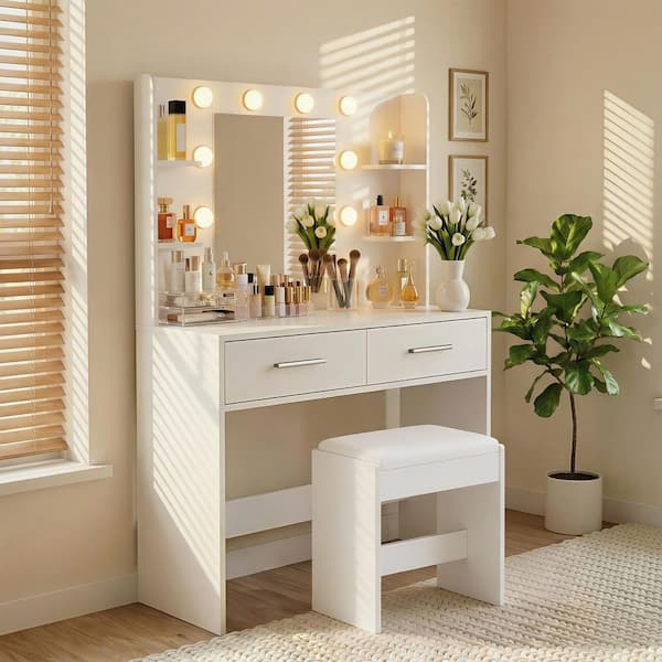 Makeup Vanity Sets with Mirror and Power Outlet, Dressing Table Sets with 2-Drawers, 4-Storage Shelves and Bench, White