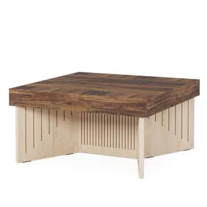 Allan 35.43 in. Brown Square Wood Coffee Table with Engraved Lines Design
