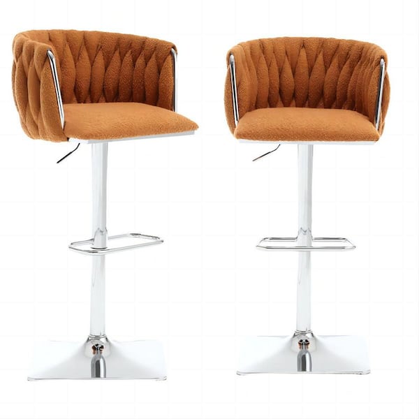 HOMEFUN 32.68 in. Orange Boucle Seat High Back Metal Frame Adjustable Hight Cushioned Bar Stool (Set of 2)