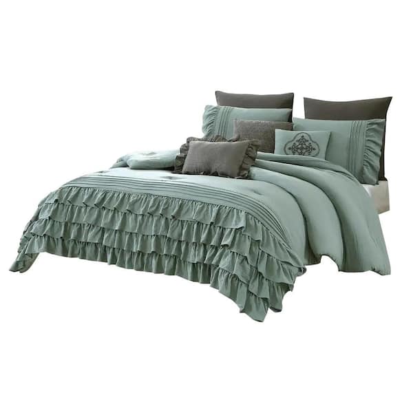 THE URBAN PORT Tyler 8- Piece Green and Gray Solid Print Microfiber Queen Comforter Set