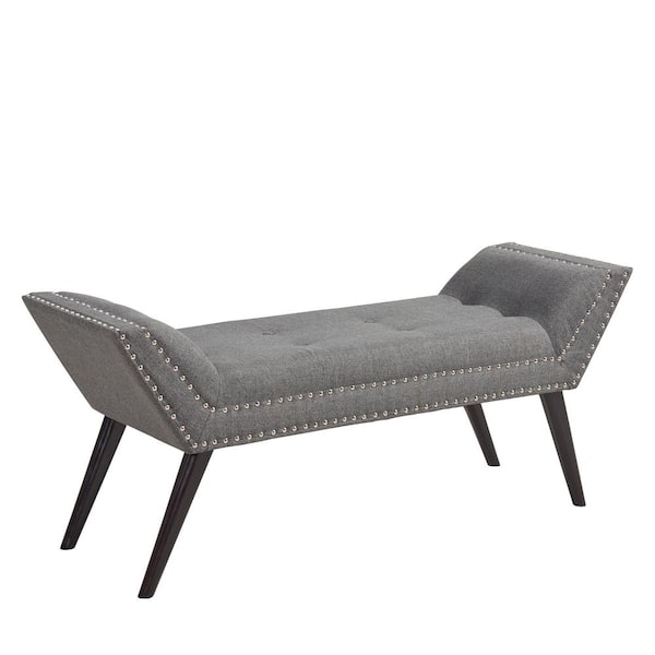 Armen Living Porter Charcoal Fabric 20 in. H x 51 in. W x 17 in. D Ottoman Bench with Nailhead Trim and Espresso Wood Legs