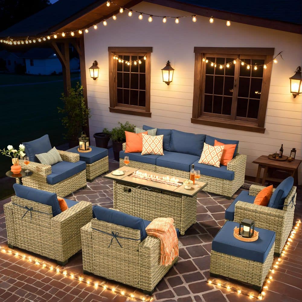 Tiberte Gray 10-Piece Wicker Patio Rectangle Fire Pit Conversation Set with Navy Blue Cushions price history on PriceWatchPro