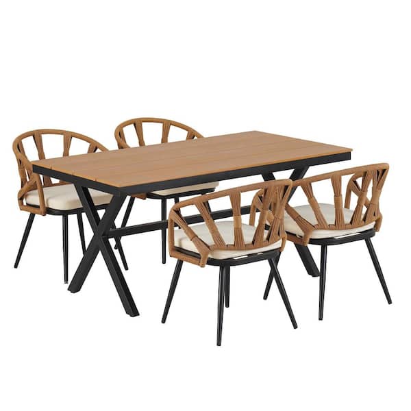 5-Piece Metal Outdoor Dining Set with PE Rattan Chairs and Plastic Wood Table, Beige Cushions