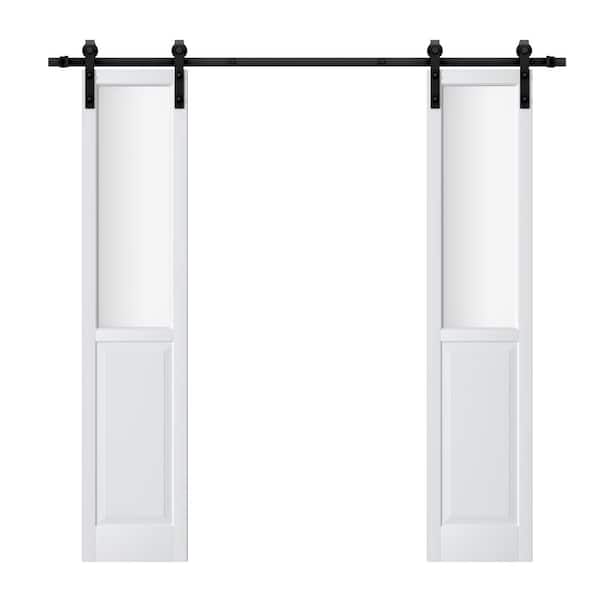 ARK DESIGN 36 in. x 84 in. Half Lite Tempered Frosted Glass White Prefinished MDF Double Sliding Barn Door Slab with Hardware Kit