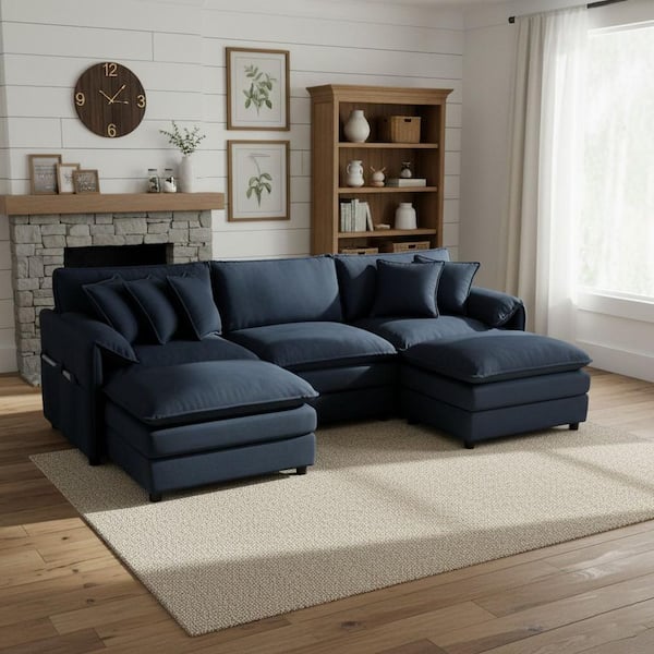 SOEX 109 in. 5-piece Chenille U-Shape Modular Sectional Sofa in Midnight Blue