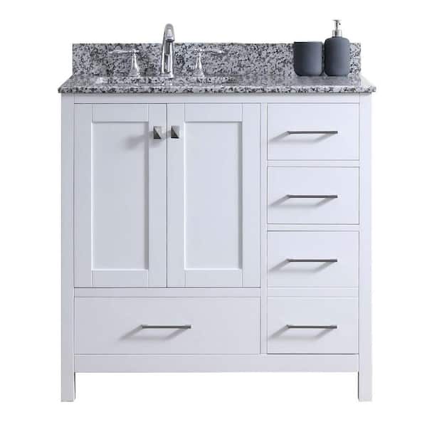 Virtu USA Caroline Madison 36 in. W Bath Vanity in White with Granite Vanity Top in Arctic White Granite with Square Basin