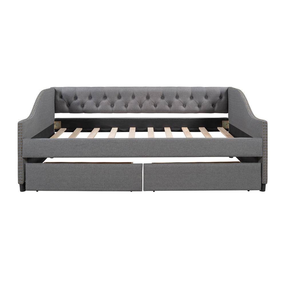 Harper & Bright Designs Button-Tufted Gray Wood Full Size Linen ...