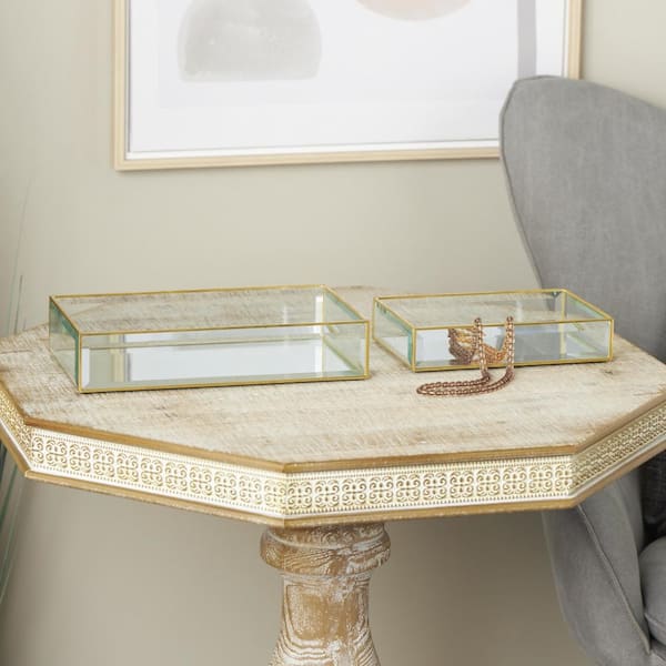 Litton Lane Clear Glass Beveled Jewelry Box with Gold Metal Frame (Set of 2)