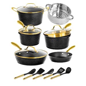 Charleston Collection 15-Piece Aluminum Hammered Nonstick Cookware Set with Utensils in Black