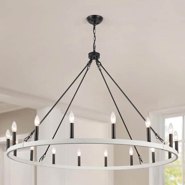 16-Light Black and Vintage White Candlestick Circle Wagon Wheel Chandelier Oversize Island Chandelier for Dining Room