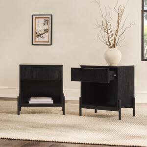 Modern Reeded Black 1-Drawer Wood and Metal 22 in. W Exposed Leg Nightstand (Set of 2)