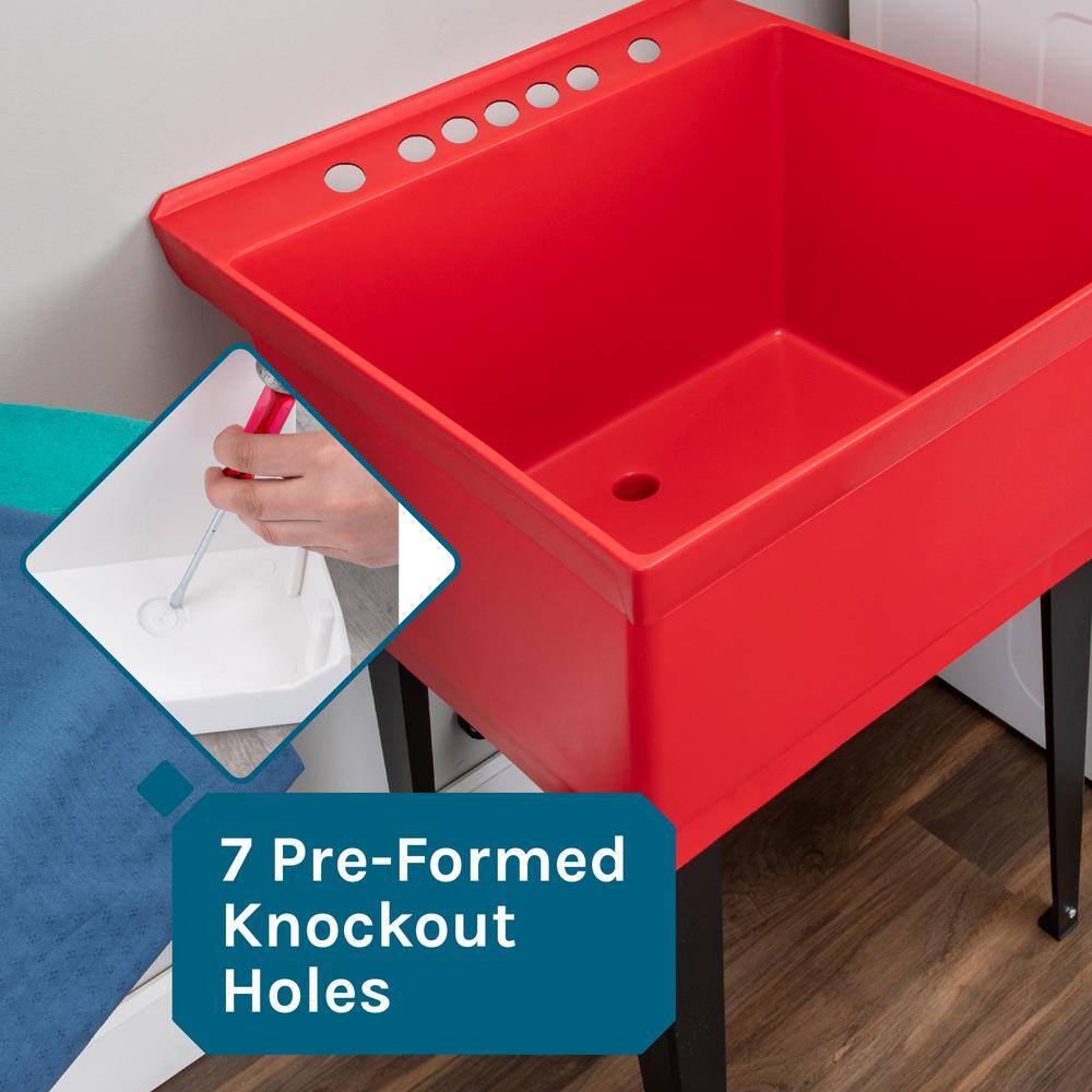 Red Thermoplastic Freestanding Utility Sink with Black Faucet
