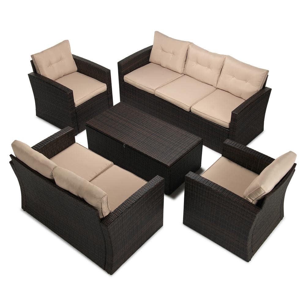 5-Piece Brown Wicker Outdoor Patio Conversation Furniture Set with Beige Cu