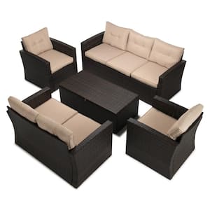 5-Piece Wicker Patio Conversation Furniture Set with Beige Cushions