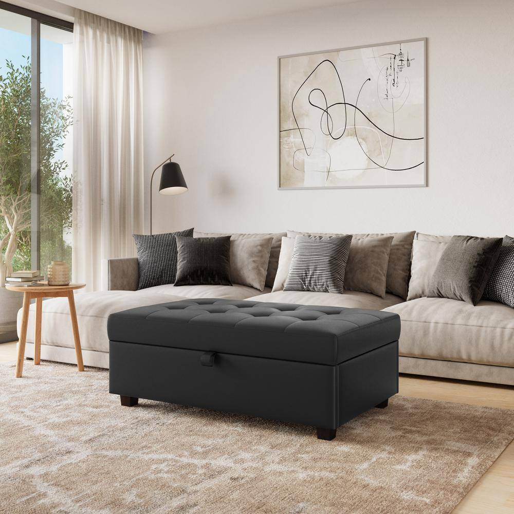 Aubin Black Vegan Leather Rectangle Large Storage Ottoman