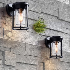 Hawaii 11.02 in. H Black Seeded Glass Hardwired Outdoor Wall Lantern Sconce with Dusk to Dawn (Set of 2)