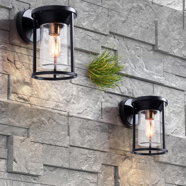 Maxax Hawaii 11.02 in. H Black Seeded Glass Hardwired Outdoor Wall Lantern Sconce with Dusk to Dawn (Set of 2)