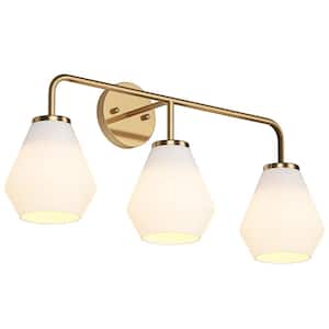 Modern 26.37 in. 3-Light Brushed Gold Bathroom Vanity Light Over Mirror with White Glass Shade