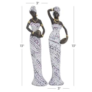 Multi Colored Polystone Standing African Woman Sculpture with Intricate Details (Set of 2)