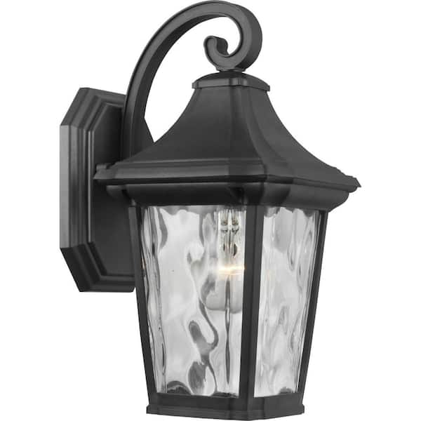 Progress Lighting Marquette Collection 1-Light Textured Black Clear Water Glass New Traditional Outdoor Small Wall Lantern Light