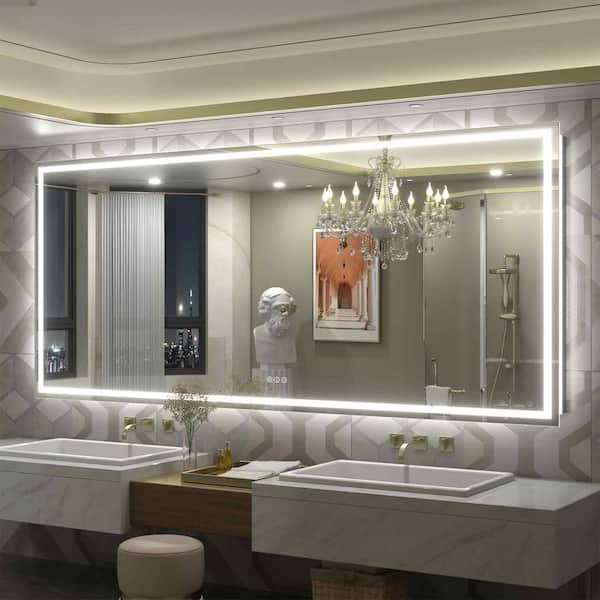 Apmir 88 in. W x 38 in. H Rectangular Frameless Front & Back LED Lighted Anti-Fog Tempered Glass Wall Bathroom Vanity Mirror