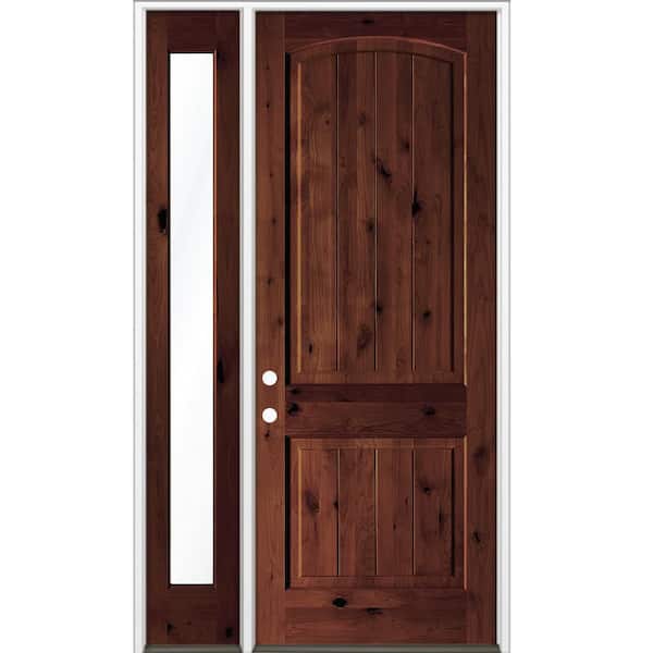 50 in. x 96 in. Knotty Alder Arch Right-Hand/Inswing Clear Glass BEHR Red Mahogany Stain Wood Prehung Front Door LFSL