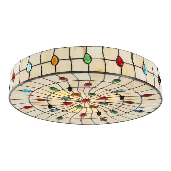 OUKANING 18 in. 3-Light Beige Retro Flush Mount Ceiling Light with Multicolored Glass Shade and No Bulbs Included