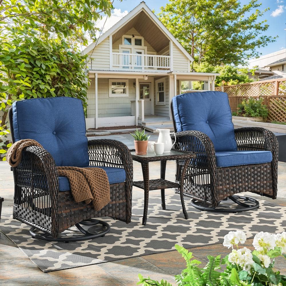 Pocassy 3-Piece Openwork Weaving Wicker Patio Conversation Swivel ...